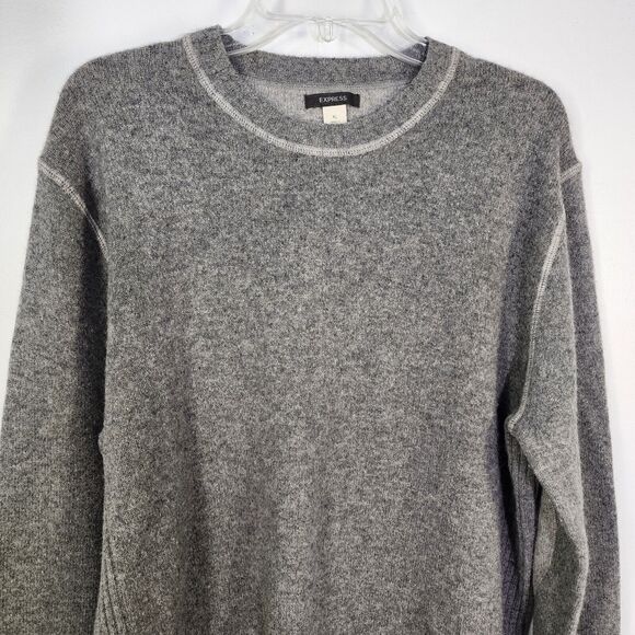 Express Sweater Mens Size XL Gray 100% Lambswool Elbow Patch Pullover Crew Neck - Picture 3 of 10